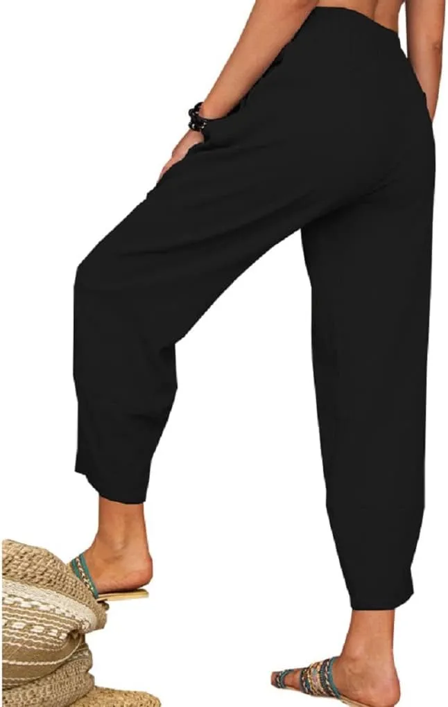 Women's Summer Wide Leg Lantern Pants Loose Fit Style Cropped Trousers Elastic Waisted with Pocket