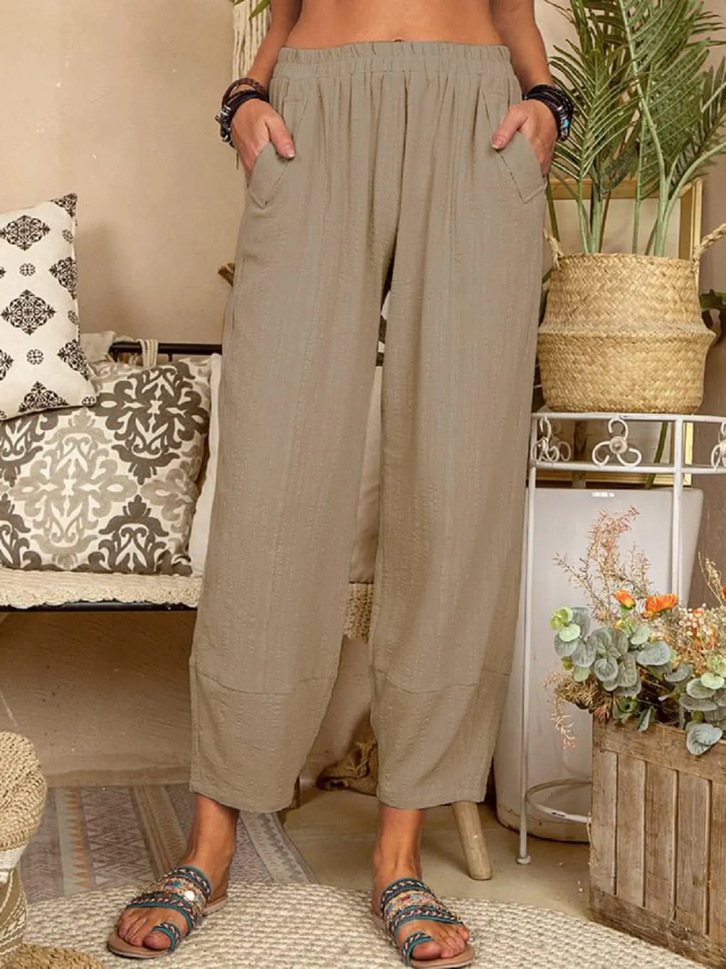 Women's Summer Wide Leg Lantern Pants Loose Fit Style Cropped Trousers Elastic Waisted with Pocket