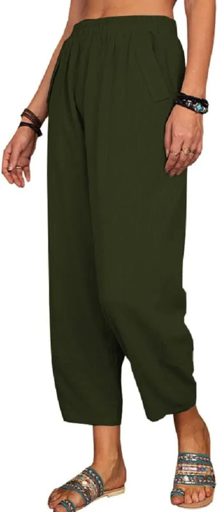 Women's Summer Wide Leg Lantern Pants Loose Fit Style Cropped Trousers Elastic Waisted with Pocket