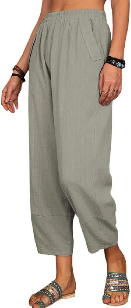 Women's Summer Wide Leg Lantern Pants Loose Fit Style Cropped Trousers Elastic Waisted with Pocket
