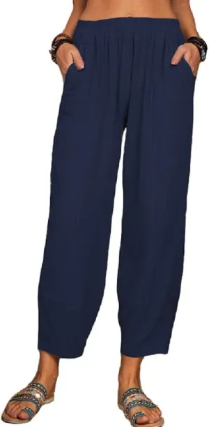 Women's Summer Wide Leg Lantern Pants Loose Fit Style Cropped Trousers Elastic Waisted with Pocket