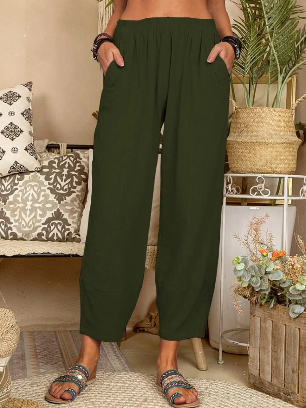Women's Summer Wide Leg Lantern Pants Loose Fit Style Cropped Trousers Elastic Waisted with Pocket