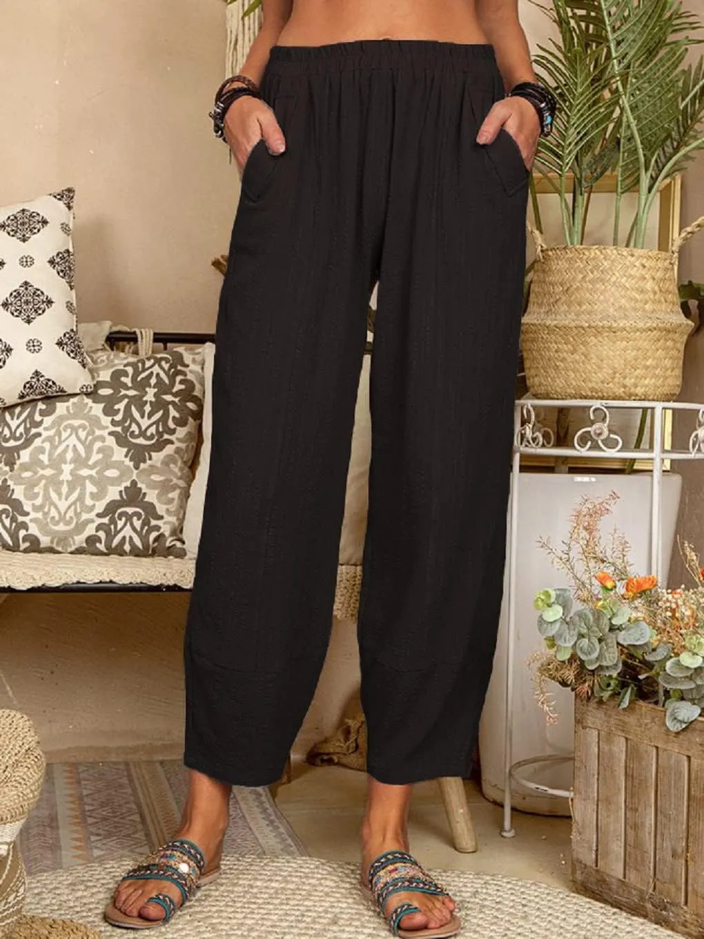 Women's Summer Wide Leg Lantern Pants Loose Fit Style Cropped Trousers Elastic Waisted with Pocket