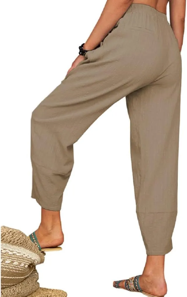 Women's Summer Wide Leg Lantern Pants Loose Fit Style Cropped Trousers Elastic Waisted with Pocket