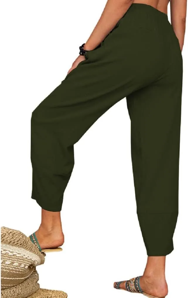 Women's Summer Wide Leg Lantern Pants Loose Fit Style Cropped Trousers Elastic Waisted with Pocket