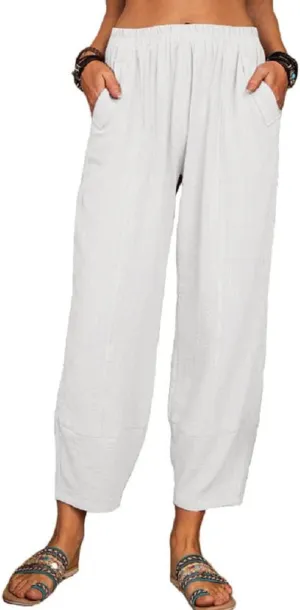 Women's Summer Wide Leg Lantern Pants Loose Fit Style Cropped Trousers Elastic Waisted with Pocket