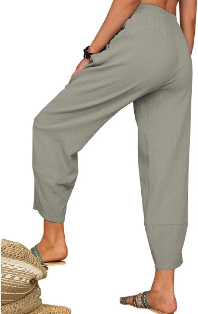 Women's Summer Wide Leg Lantern Pants Loose Fit Style Cropped Trousers Elastic Waisted with Pocket