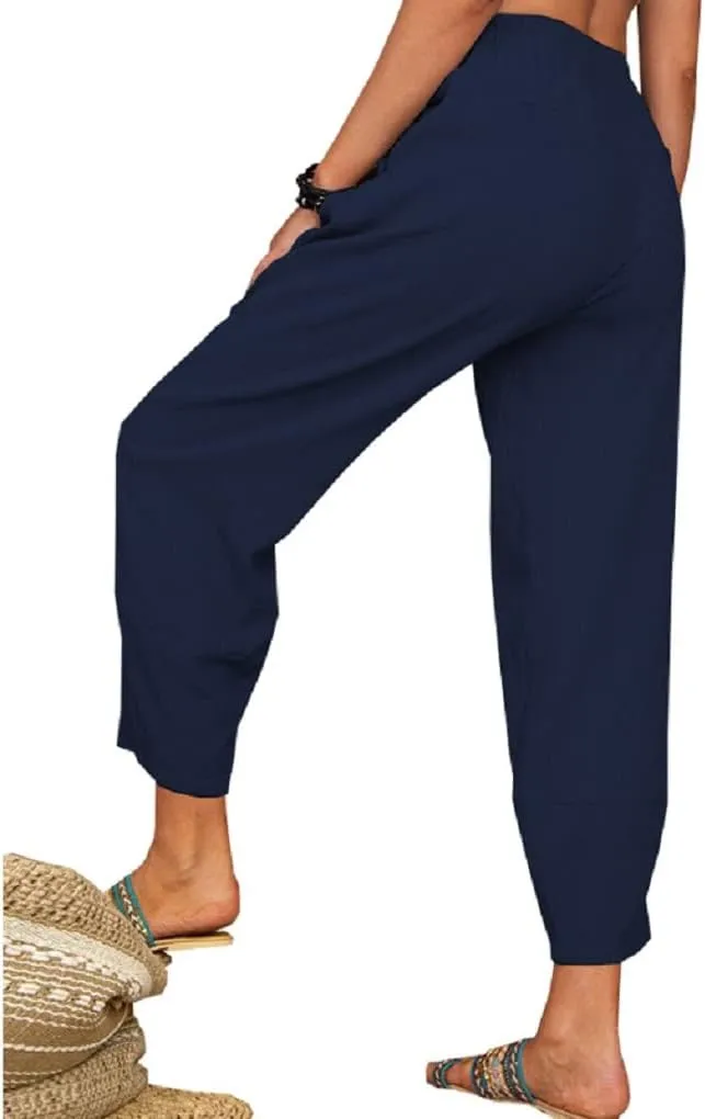 Women's Summer Wide Leg Lantern Pants Loose Fit Style Cropped Trousers Elastic Waisted with Pocket
