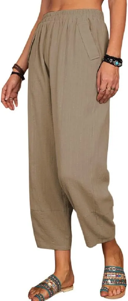 Women's Summer Wide Leg Lantern Pants Loose Fit Style Cropped Trousers Elastic Waisted with Pocket