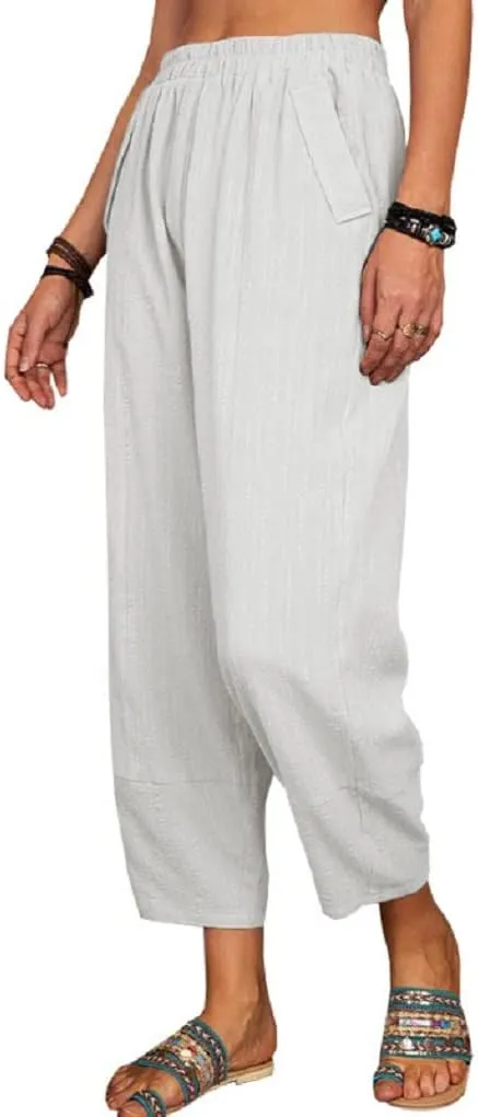 Women's Summer Wide Leg Lantern Pants Loose Fit Style Cropped Trousers Elastic Waisted with Pocket