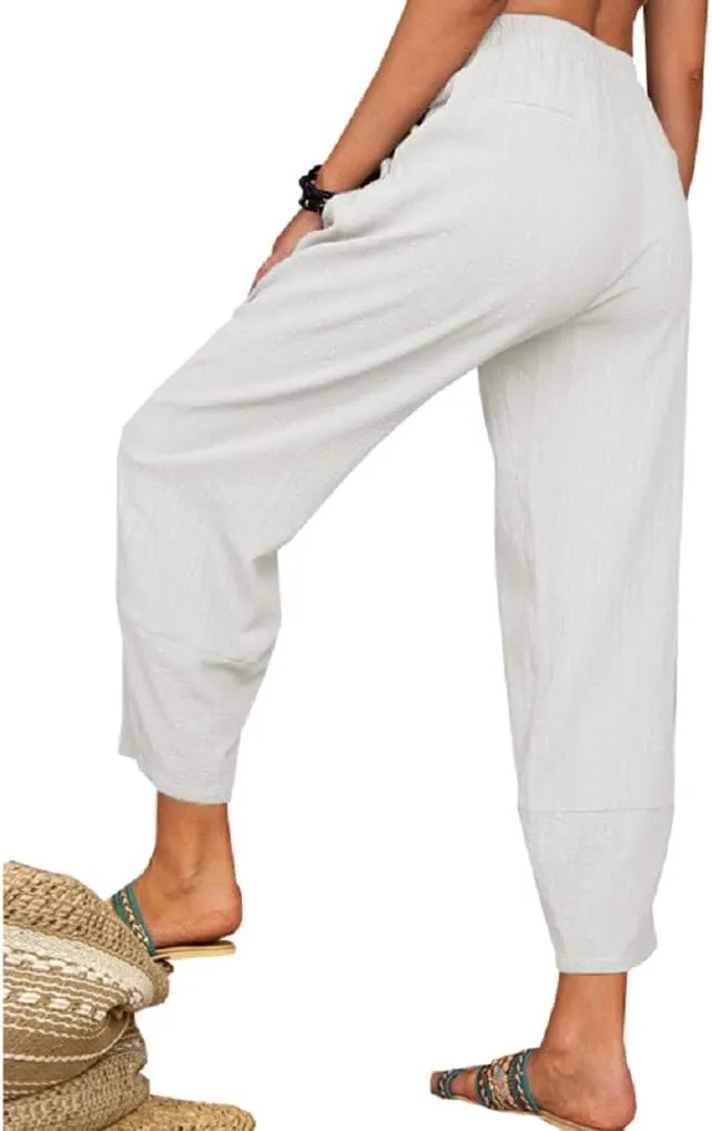 Women's Summer Wide Leg Lantern Pants Loose Fit Style Cropped Trousers Elastic Waisted with Pocket
