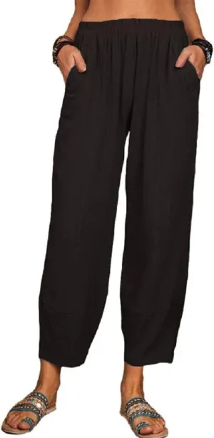 Women's Summer Wide Leg Lantern Pants Loose Fit Style Cropped Trousers Elastic Waisted with Pocket