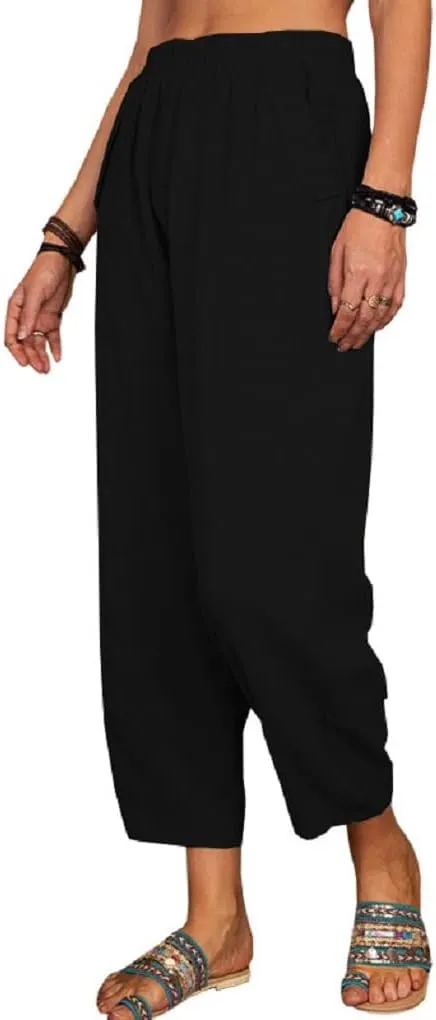 Women's Summer Wide Leg Lantern Pants Loose Fit Style Cropped Trousers Elastic Waisted with Pocket