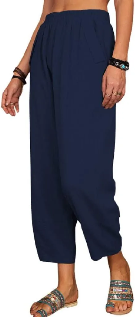 Women's Summer Wide Leg Lantern Pants Loose Fit Style Cropped Trousers Elastic Waisted with Pocket