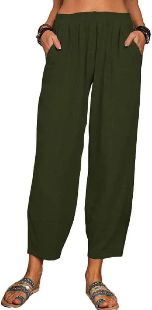Women's Summer Wide Leg Lantern Pants Loose Fit Style Cropped Trousers Elastic Waisted with Pocket