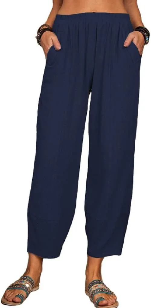 Women's Summer Wide Leg Lantern Pants Loose Fit Style Cropped Trousers Elastic Waisted with Pocket