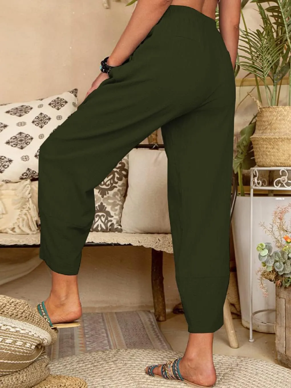 Women's Summer Wide Leg Lantern Pants Loose Fit Style Cropped Trousers Elastic Waisted with Pocket