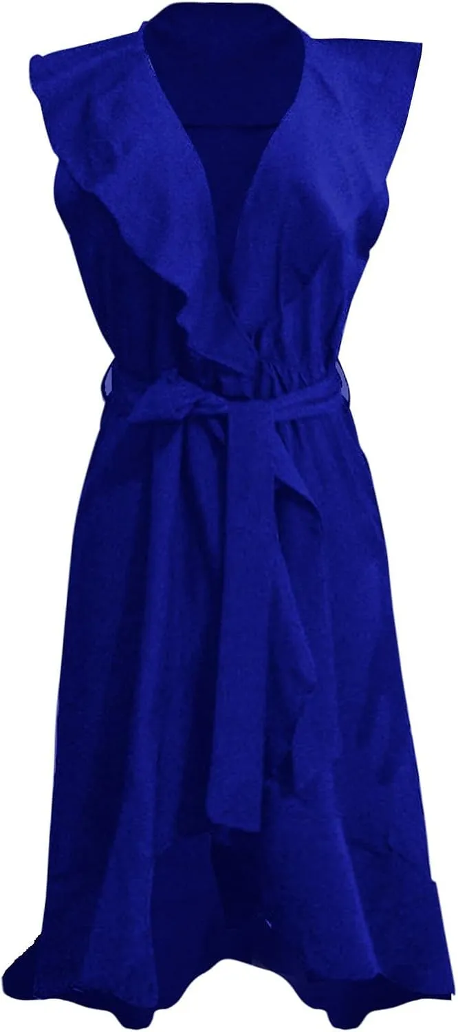 Women's Summer Wrap V Neck Split Party Dress Ruffle Short Sleeve Midi Dresses with Belt Boho Beach Long Dresses
