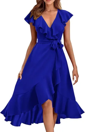 Women's Summer Wrap V Neck Split Party Dress Ruffle Short Sleeve Midi Dresses with Belt Boho Beach Long Dresses