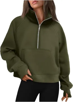 Women's Sweatshirts Half Zip Cropped Pullover Sweatshirts Fleece Sweatshirt with Pocket Fall Winter Outfits New Clothes