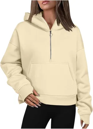 Womens Sweatshirts Half Zip Cropped Pullover Thumb Hole Fleece Quarter Zipper Hoodies Fall Outfits Sweatshirt