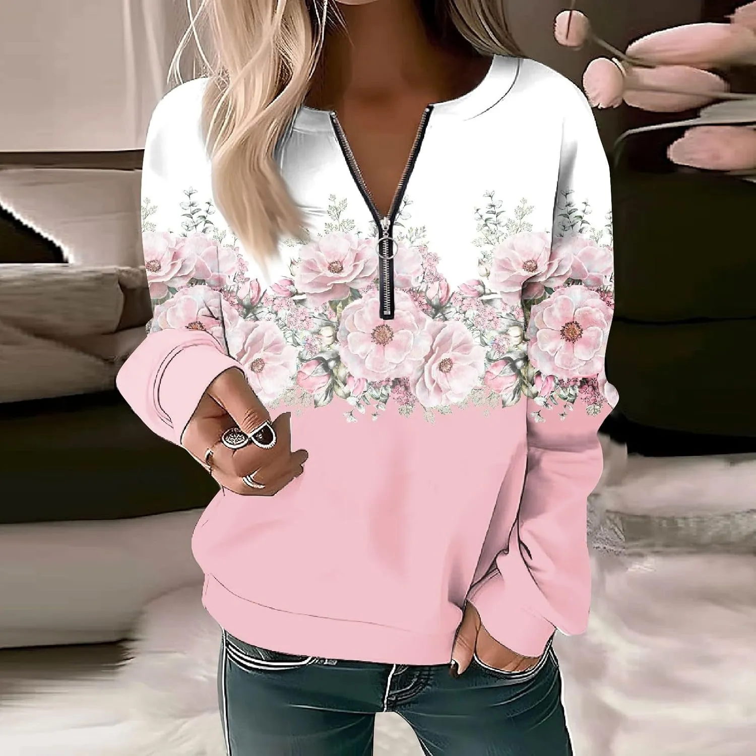 Womens Sweatshirts Quarter Zip Sweatshirts Pullover Casual Zip Up Cute Hoodies 2023 Fall Outfits Athletic Tops