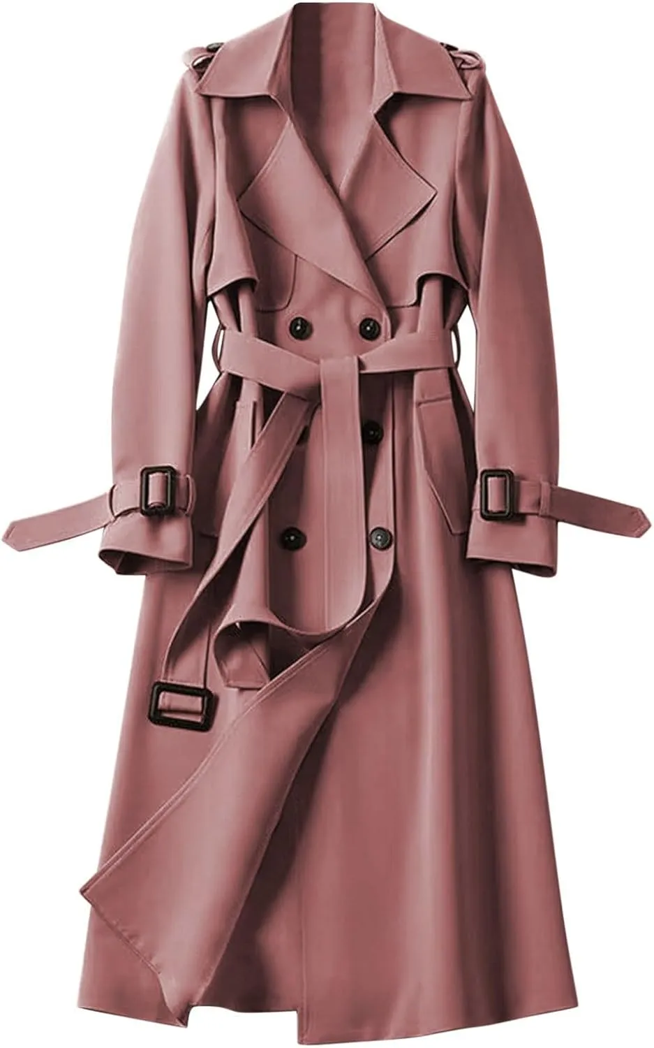 Womens Trench Coat Long Sleeve Oversize Fashion Coats Double Breasted Classic Lapel Loose Winter Jackets Belt Pockets
