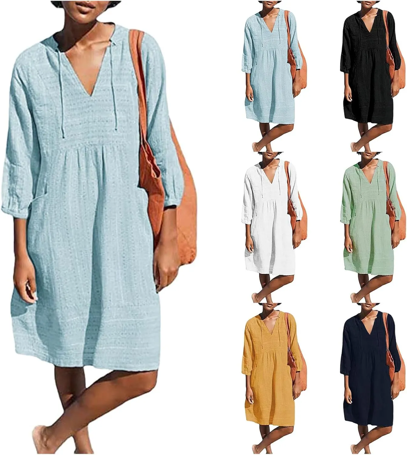 Womens V Neck Cotton Dress 3/4 Sleeve Midi Beach Dress Loose Fit Flowy Shirt Sundress with Pockets