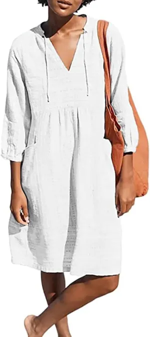 Womens V Neck Cotton Dress 3/4 Sleeve Midi Beach Dress Loose Fit Flowy Shirt Sundress with Pockets