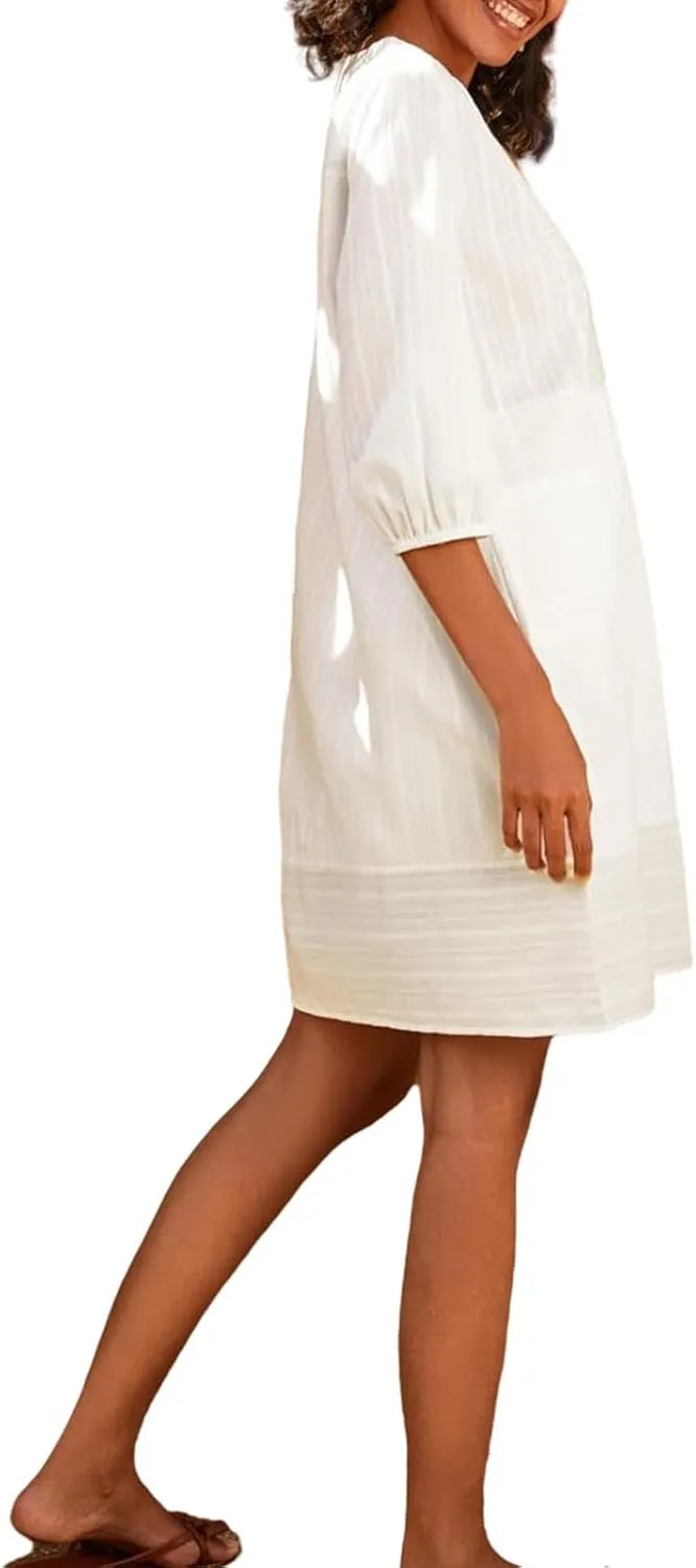 Womens V Neck Cotton Dress 3/4 Sleeve Midi Beach Dress Loose Fit Flowy Shirt Sundress with Pockets