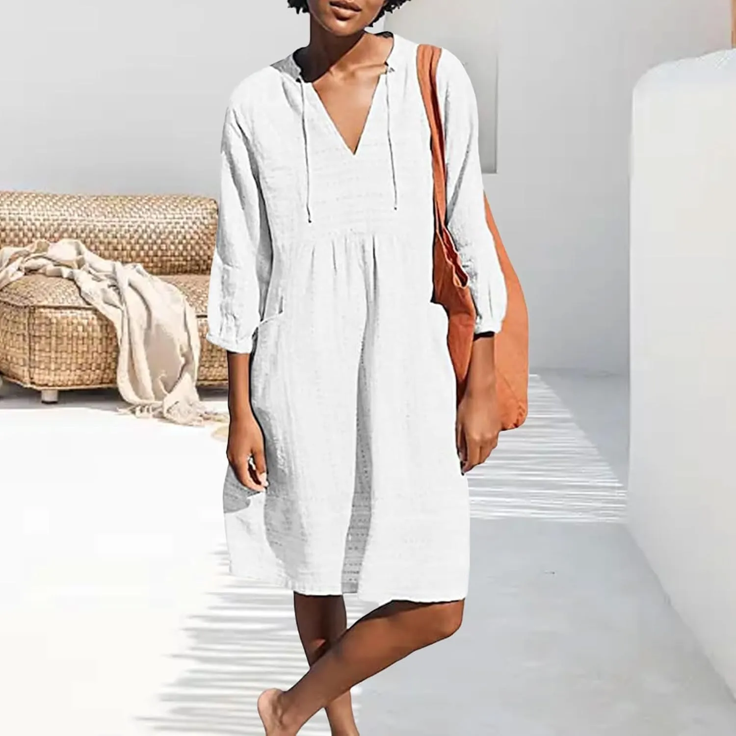 Womens V Neck Cotton Dress 3/4 Sleeve Midi Beach Dress Loose Fit Flowy Shirt Sundress with Pockets