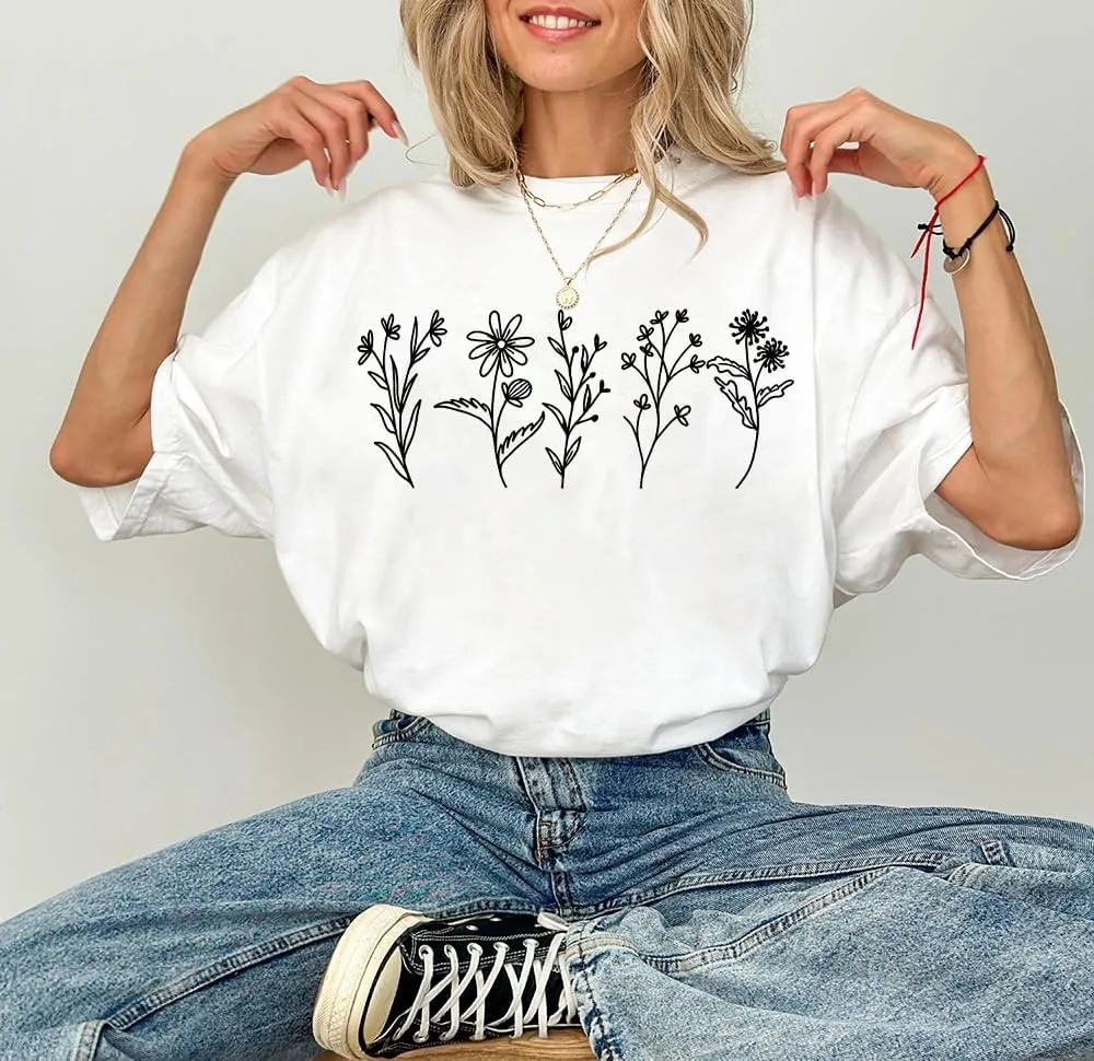 Women's Vintage Floral T Shirt Wildflower Graphic Loose Tees Short Sleeve Casual Tops