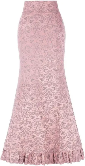 Women's Vintage Lace-Up Drawstring Tiered Ruffle Maxi Long Mermaid Pencil Skirt Retro Victorian Steampunk Maxi Skirt Pink