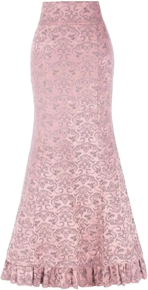 Women's Vintage Lace-Up Drawstring Tiered Ruffle Maxi Long Mermaid Pencil Skirt Retro Victorian Steampunk Maxi Skirt Pink