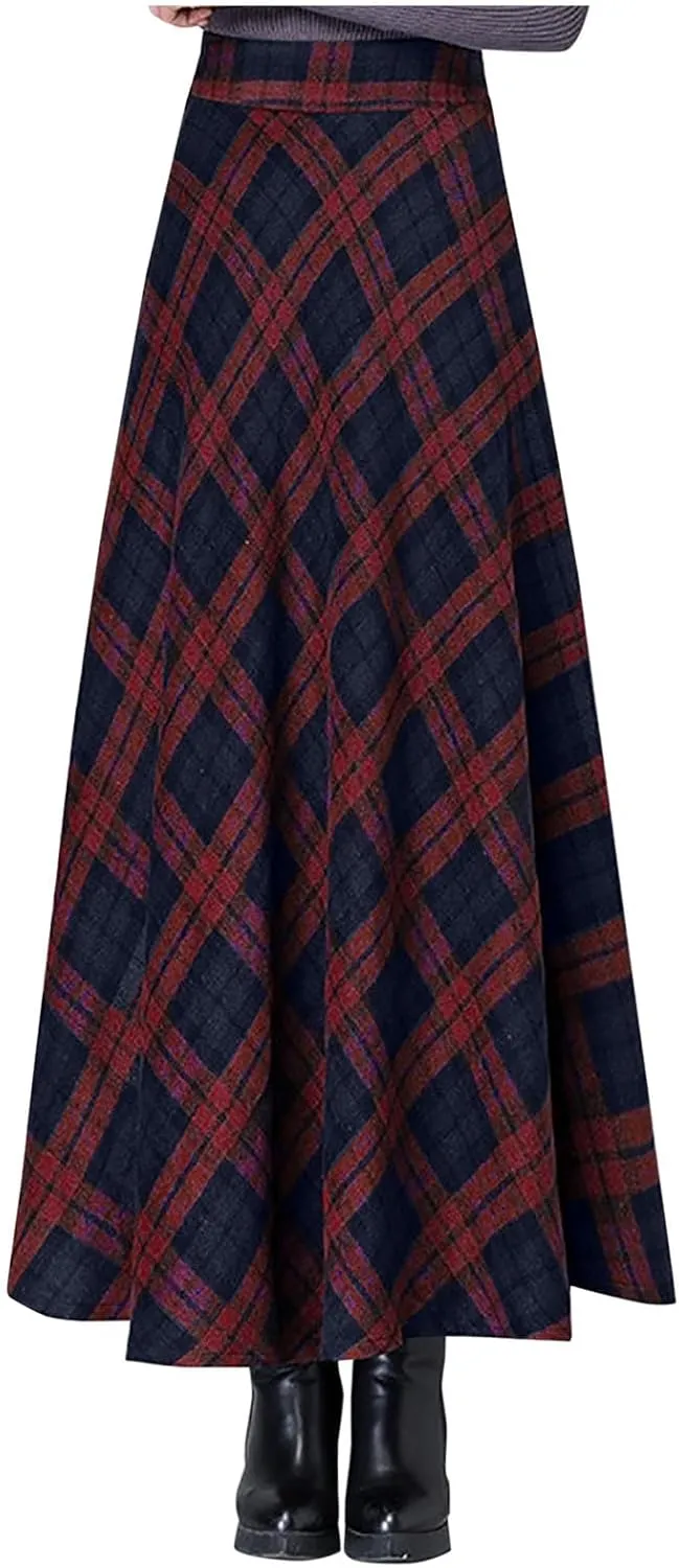 Women's Vintage Plaid Maxi Skirt Elegant High Waist Warm Wool Long Pleated Skirts Trendy Fall A-Line Tartan Skirts