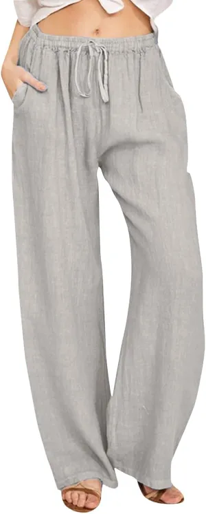 Women's Wide Leg Cotton Linen Pants Dressy Casual High Waist Palazzo Pant Lounge Button Up Trouser with Pocket