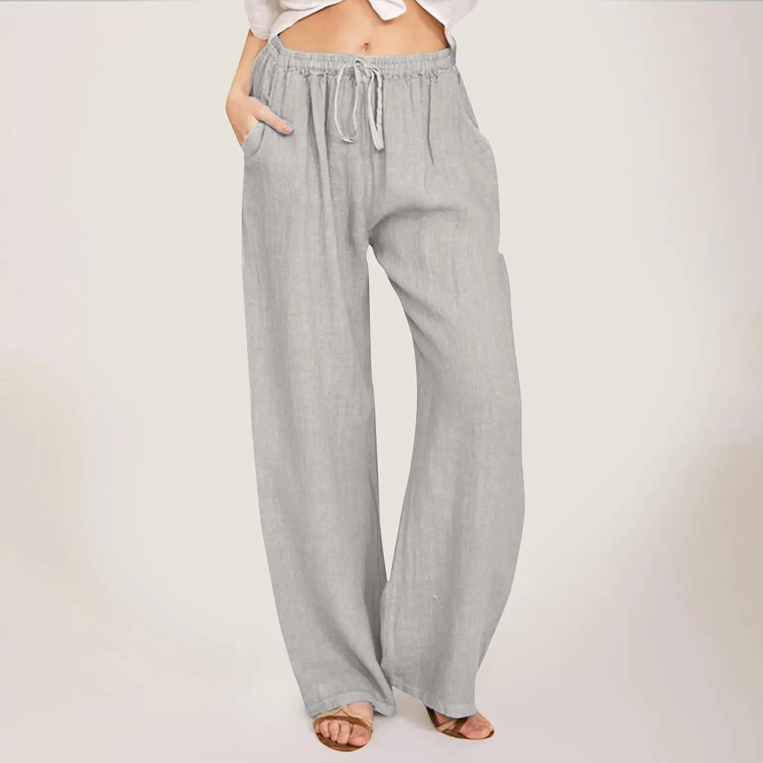 Women's Wide Leg Cotton Linen Pants Dressy Casual High Waist Palazzo Pant Lounge Button Up Trouser with Pocket