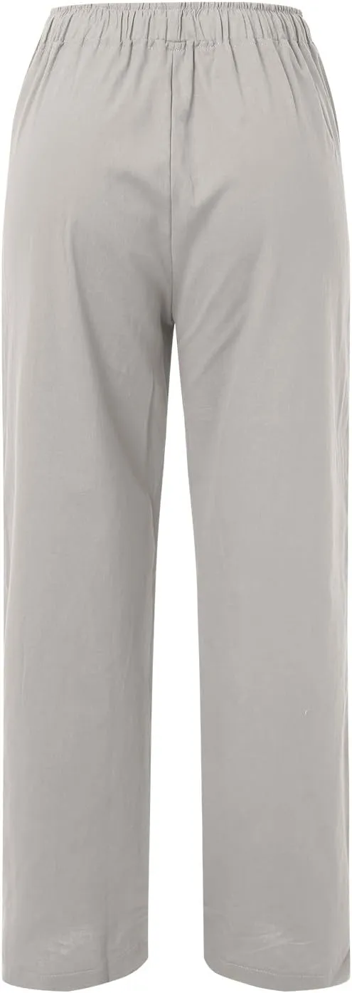 Women's Wide Leg Cotton Linen Pants Dressy Casual High Waist Palazzo Pant Lounge Button Up Trouser with Pocket