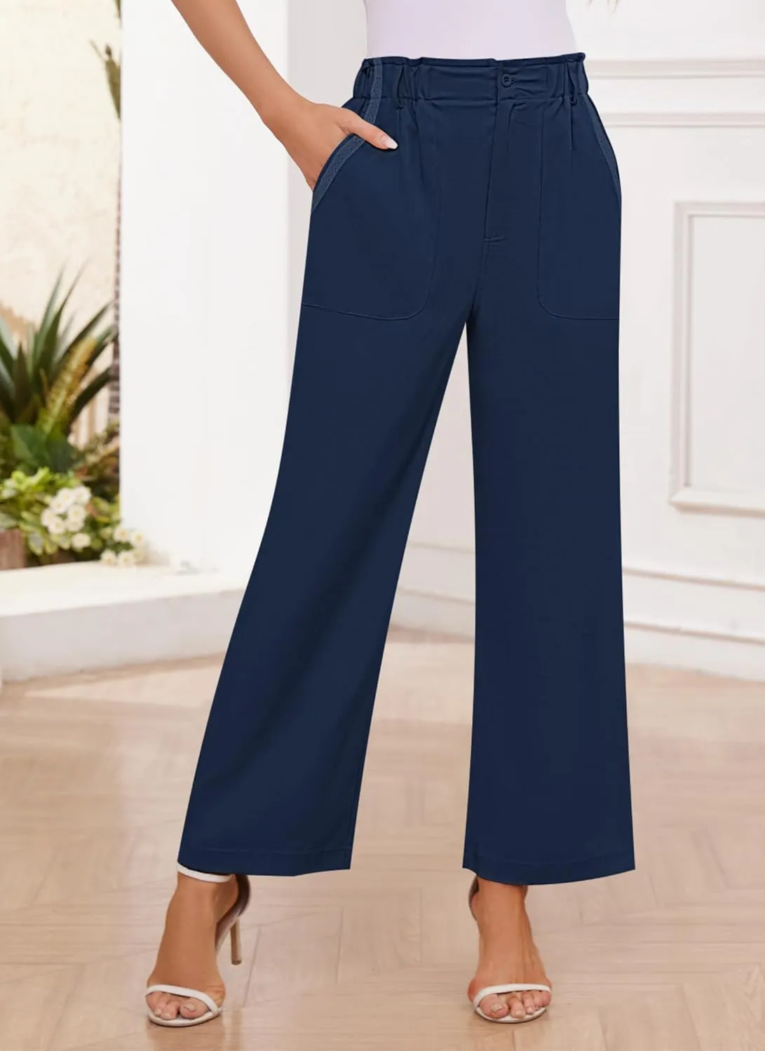 Womens Wide Leg Dress Pants Trousers High Waisted Buttoned Tailored Dressy Pants Casual Palazzo Straight Leg Pants
