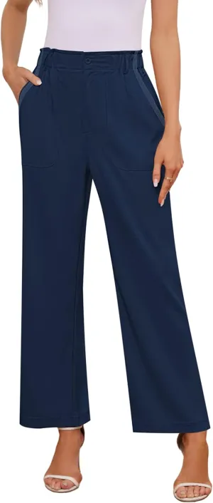 Womens Wide Leg Dress Pants Trousers High Waisted Buttoned Tailored Dressy Pants Casual Palazzo Straight Leg Pants