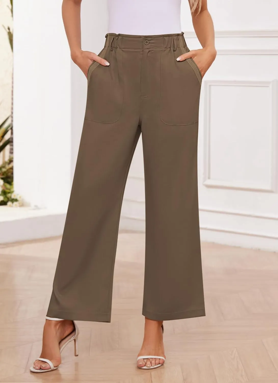 Womens Wide Leg Dress Pants Trousers High Waisted Buttoned Tailored Dressy Pants Casual Palazzo Straight Leg Pants