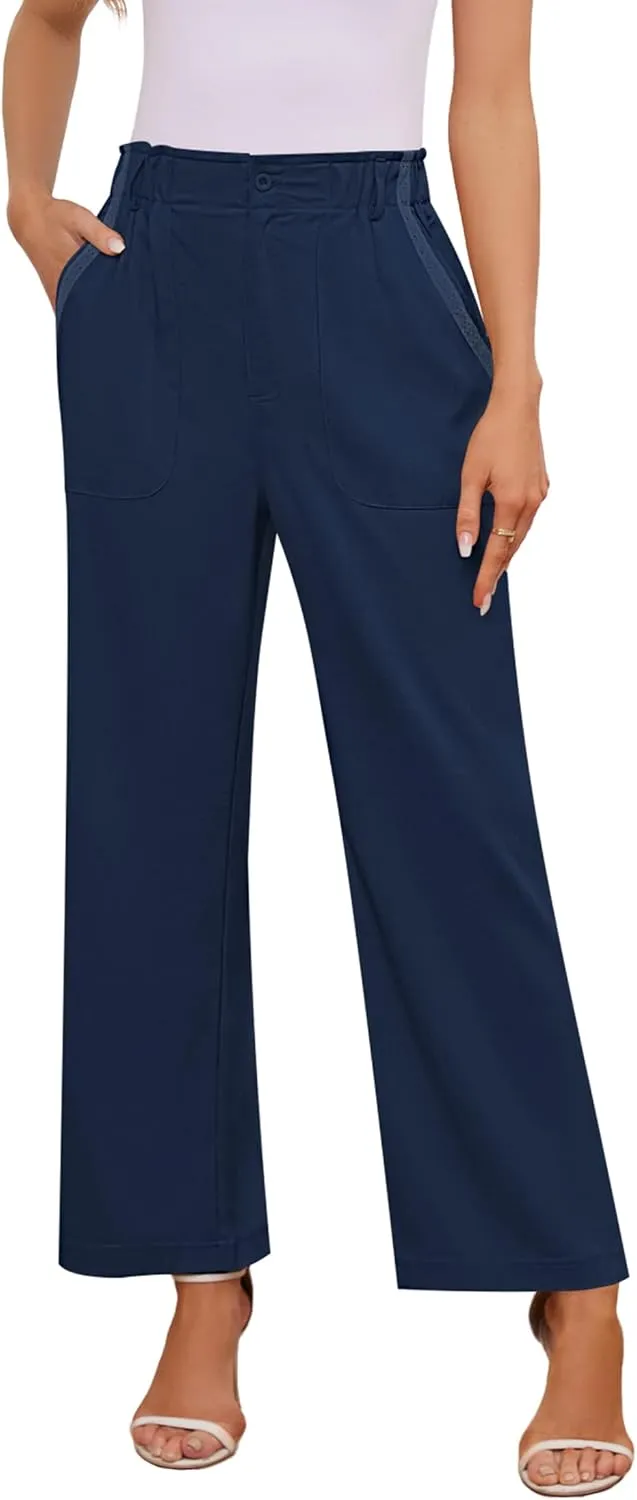 Womens Wide Leg Dress Pants Trousers High Waisted Buttoned Tailored Dressy Pants Casual Palazzo Straight Leg Pants