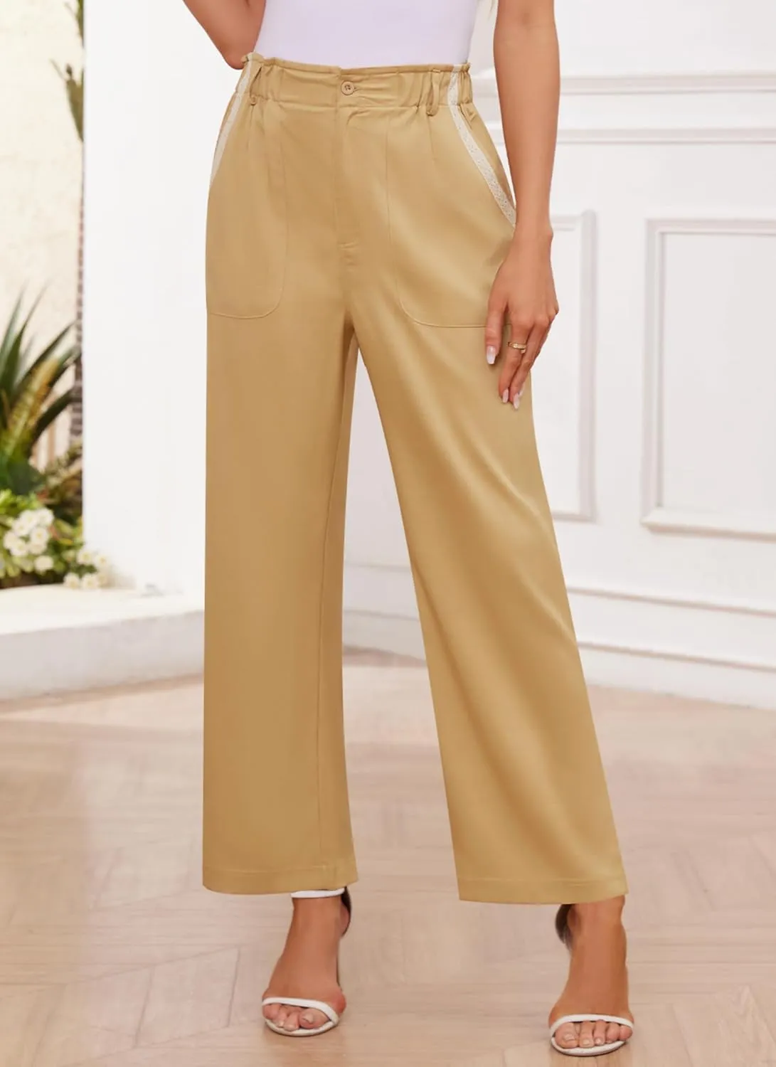 Womens Wide Leg Dress Pants Trousers High Waisted Buttoned Tailored Dressy Pants Casual Palazzo Straight Leg Pants