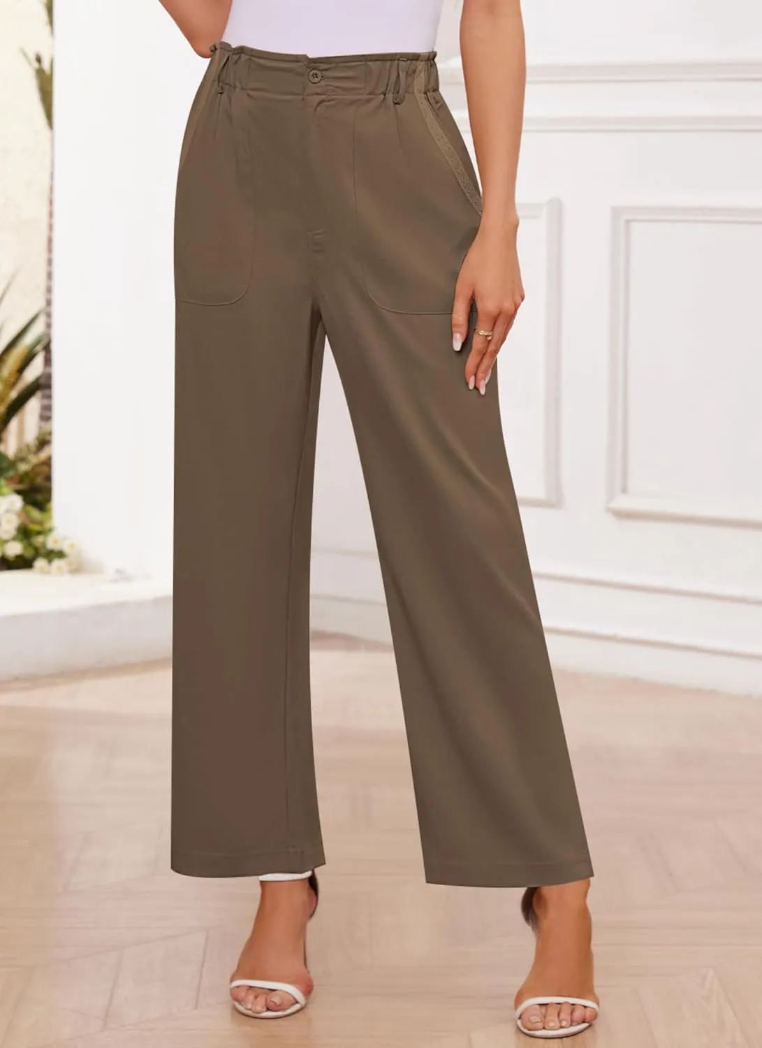 Womens Wide Leg Dress Pants Trousers High Waisted Buttoned Tailored Dressy Pants Casual Palazzo Straight Leg Pants