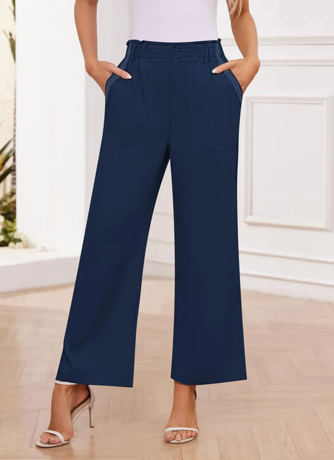 Womens Wide Leg Dress Pants Trousers High Waisted Buttoned Tailored Dressy Pants Casual Palazzo Straight Leg Pants