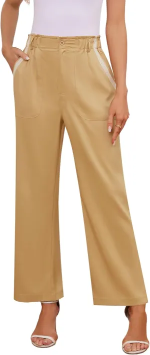 Womens Wide Leg Dress Pants Trousers High Waisted Buttoned Tailored Dressy Pants Casual Palazzo Straight Leg Pants