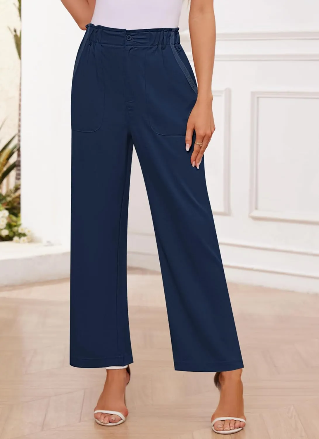 Womens Wide Leg Dress Pants Trousers High Waisted Buttoned Tailored Dressy Pants Casual Palazzo Straight Leg Pants