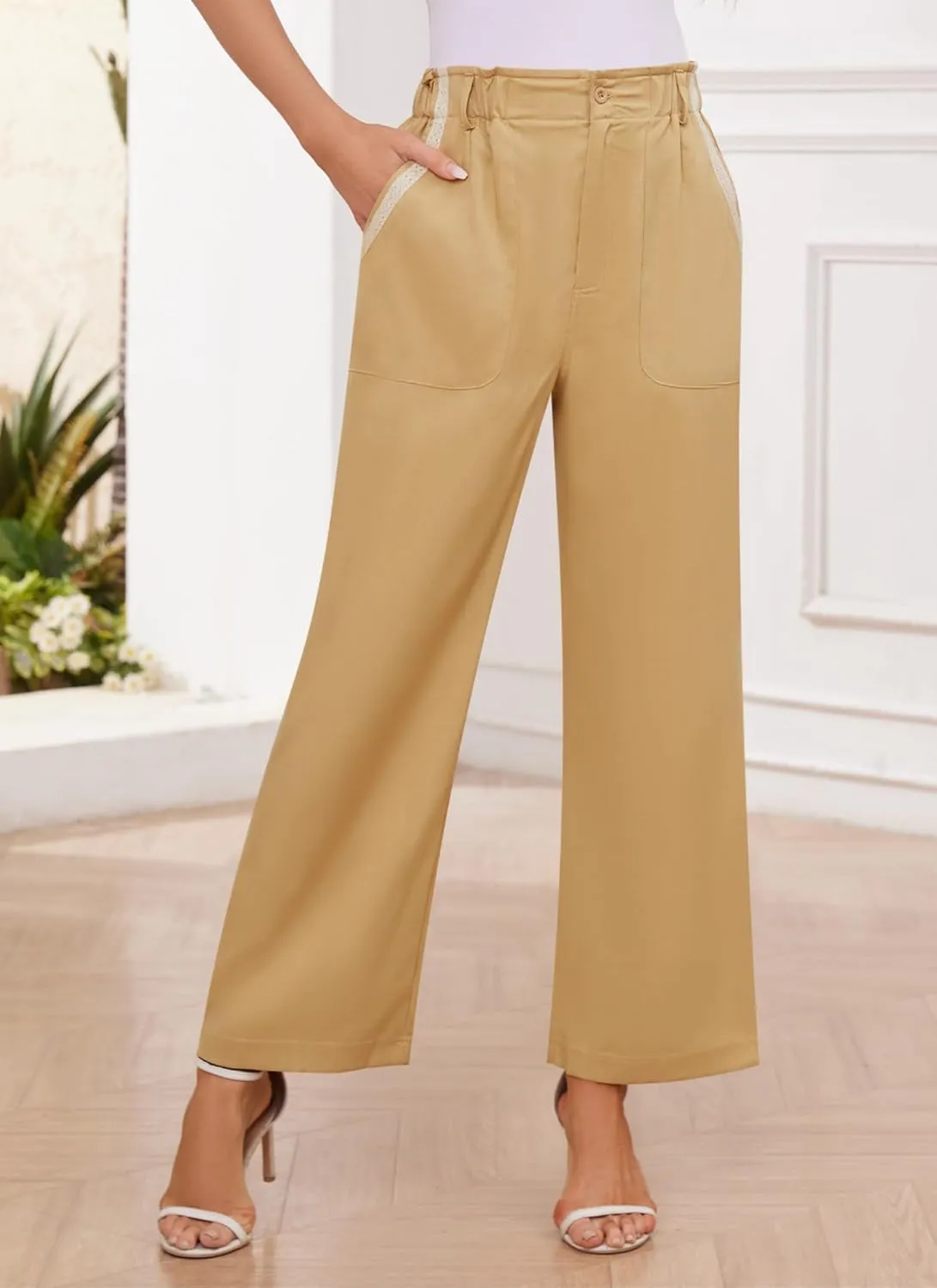 Womens Wide Leg Dress Pants Trousers High Waisted Buttoned Tailored Dressy Pants Casual Palazzo Straight Leg Pants