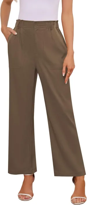 Womens Wide Leg Dress Pants Trousers High Waisted Buttoned Tailored Dressy Pants Casual Palazzo Straight Leg Pants