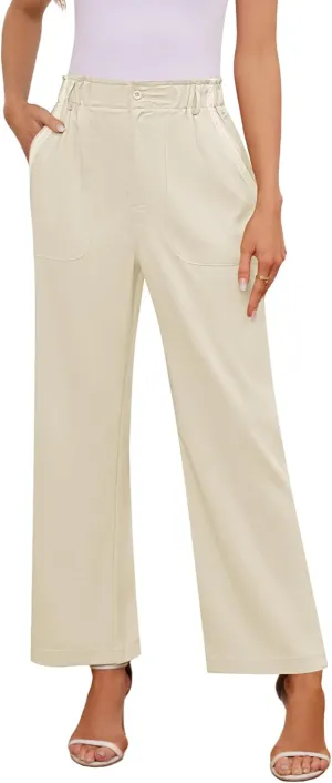 Womens Wide Leg Dress Pants Trousers High Waisted Buttoned Tailored Dressy Pants Casual Palazzo Straight Leg Pants